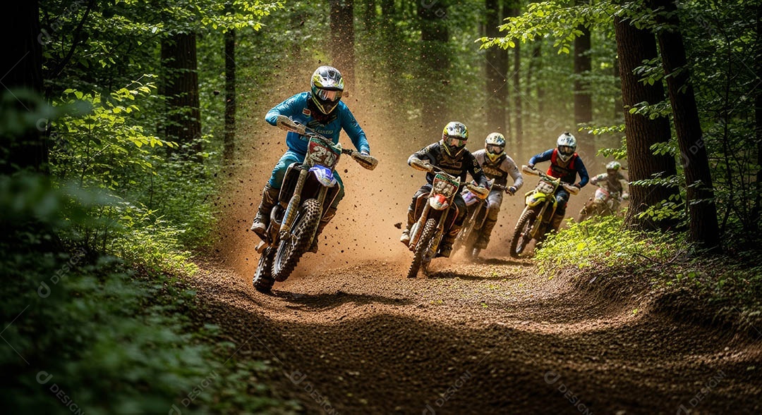 Motociclistas praticando motocross sob uma pista com obstáculos.