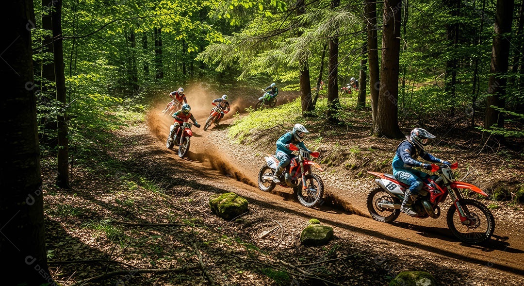 Motociclistas praticando motocross sob uma pista com obstáculos.