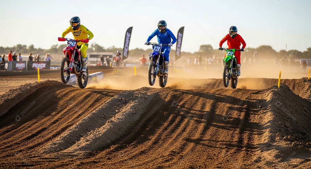Motociclistas praticando motocross sob uma pista com obstáculos.