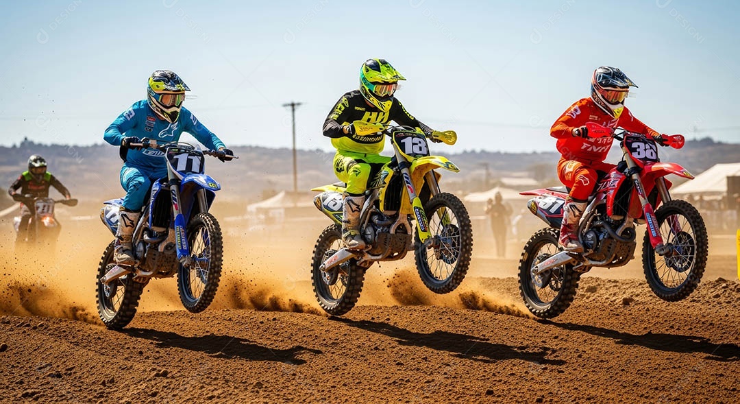 Motociclistas praticando motocross sob uma pista com obstáculos.