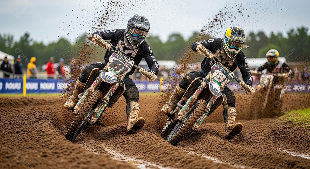 Motociclistas praticando motocross sob uma pista com obstáculos.