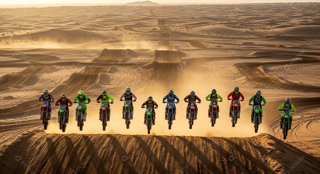 Motociclistas praticando motocross sob uma pista com obstáculos.