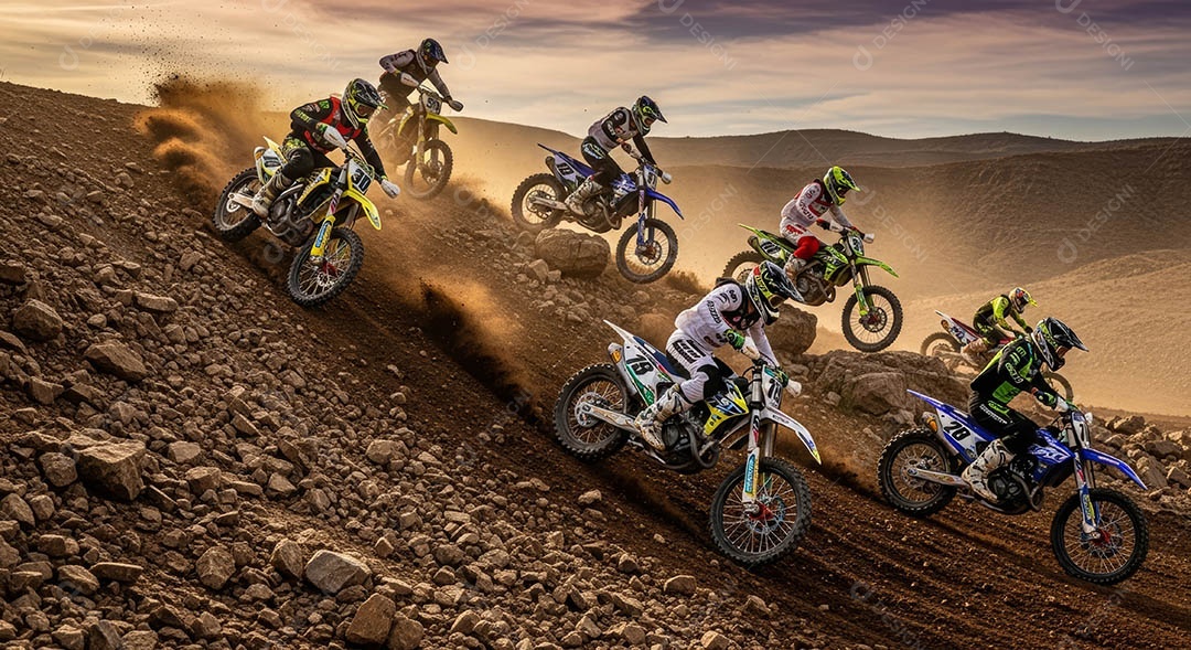 Motociclistas praticando motocross sob uma pista com obstáculos.