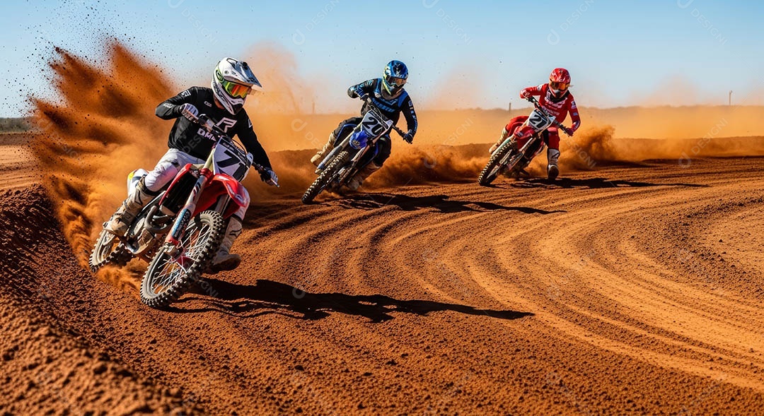 Motociclistas praticando motocross sob uma pista com obstáculos.