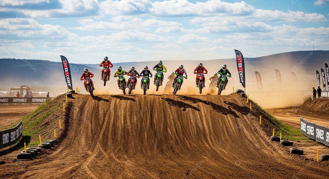 Motociclistas praticando motocross sob uma pista com obstáculos.