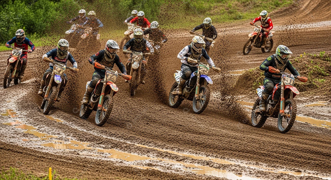 Motociclistas praticando motocross sob uma pista com obstáculos.