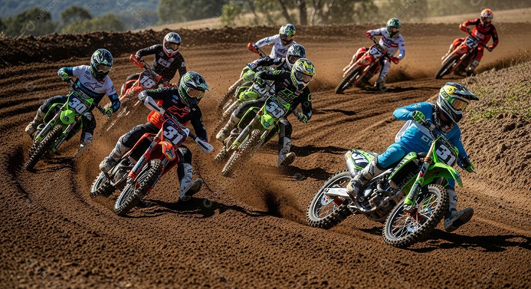 Motociclistas praticando motocross sob uma pista com obstáculos.