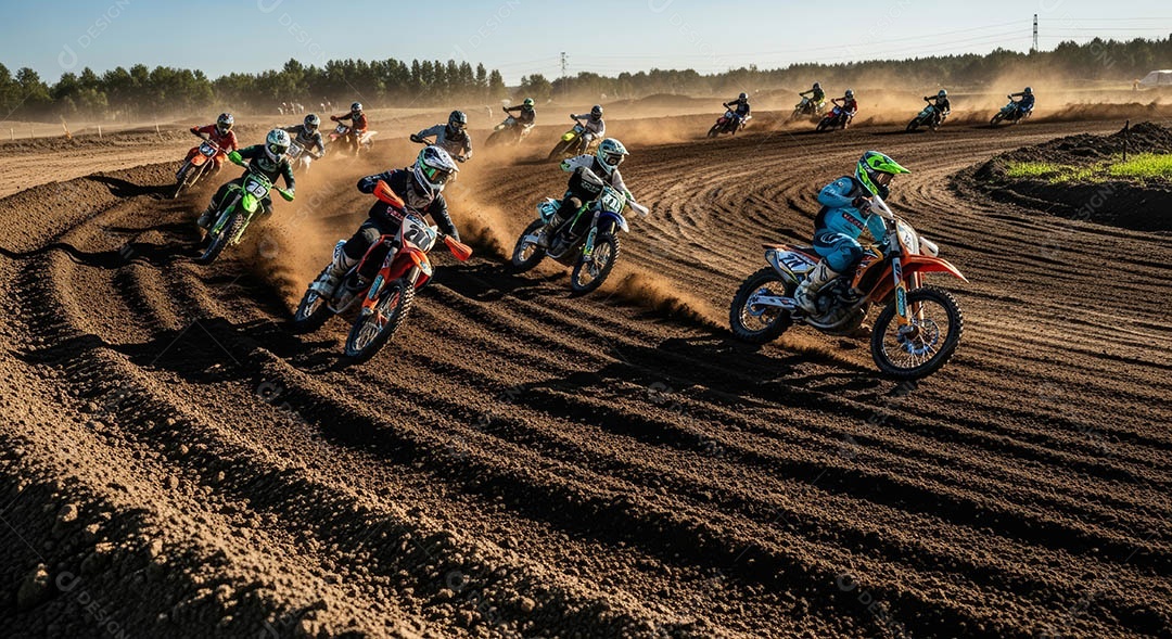 Motociclistas praticando motocross sob uma pista com obstáculos.