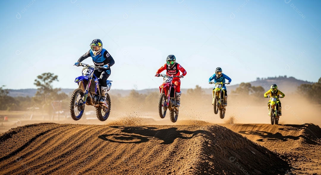 Motociclistas praticando motocross sob uma pista com obstáculos.