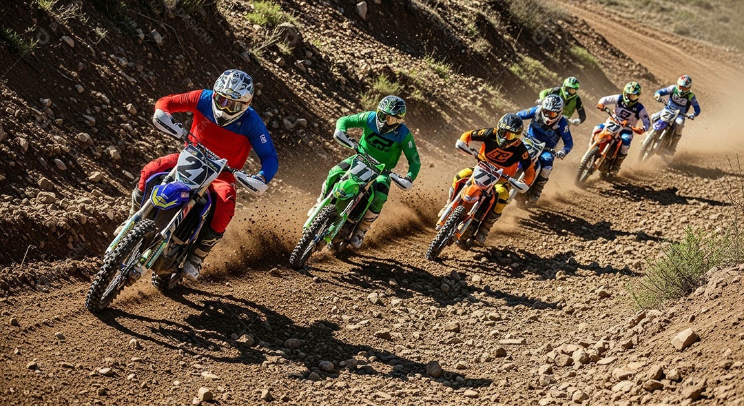 Motociclistas praticando motocross sob uma pista com obstáculos.