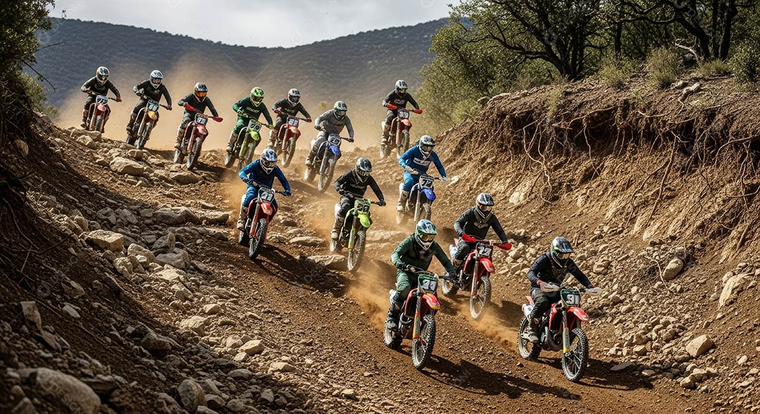 Motociclistas praticando motocross sob uma pista com obstáculos.