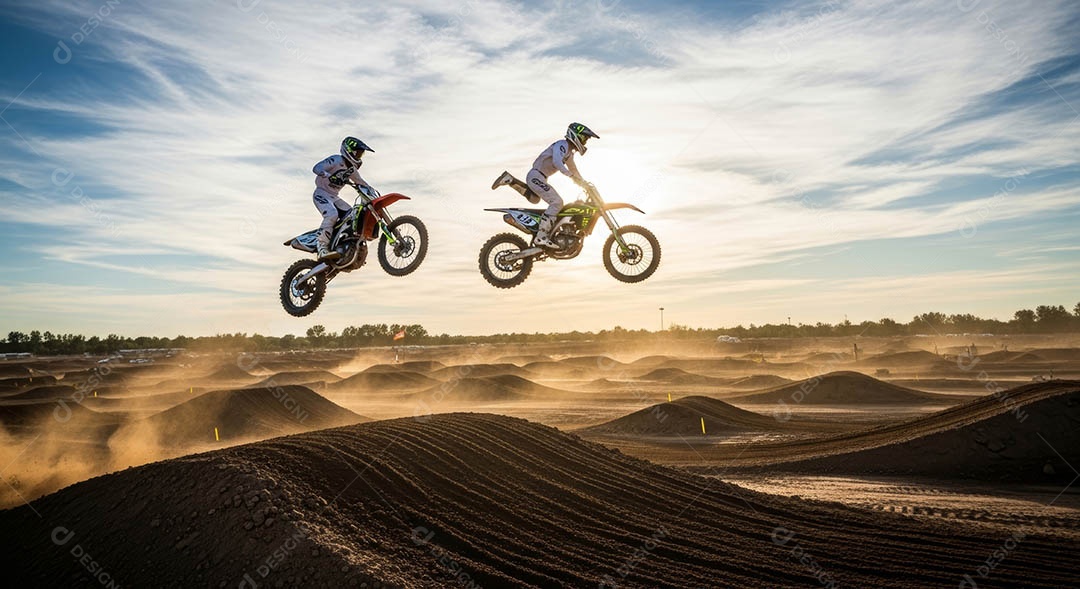 Motociclistas praticando motocross sob uma pista com obstáculos.