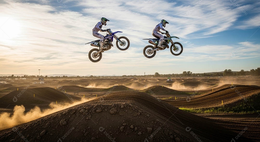 Motociclistas praticando motocross sob uma pista com obstáculos.