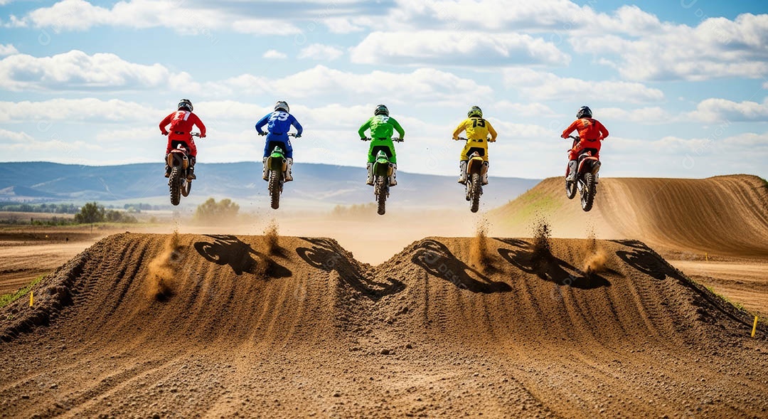 Motociclistas praticando motocross sob uma pista com obstáculos.