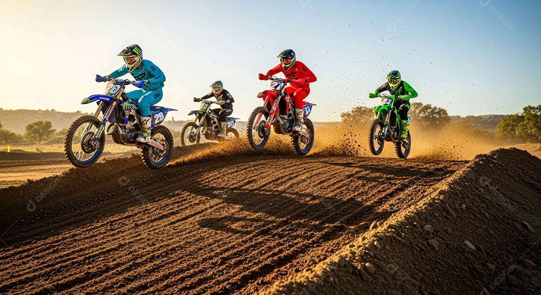 Motociclistas praticando motocross sob uma pista com obstáculos.