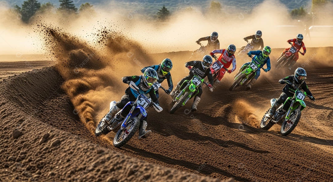 Motociclistas praticando motocross sob uma pista com obstáculos.