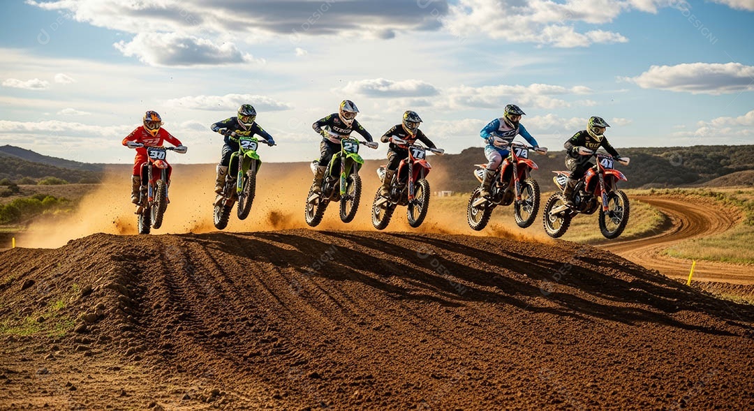 Motociclistas praticando motocross sob uma pista com obstáculos.