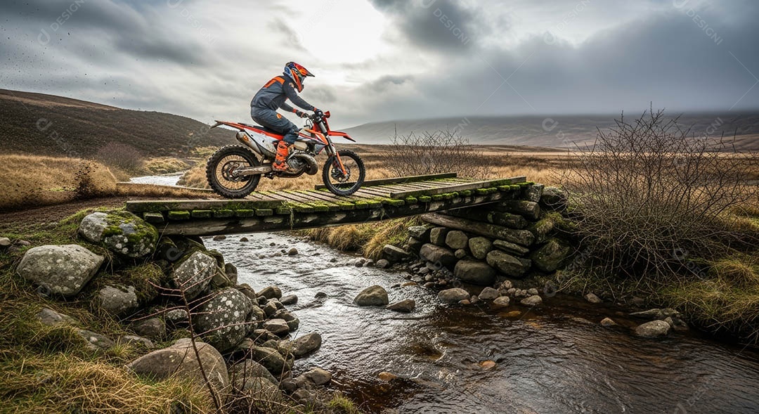 Motociclista praticando motocross sob uma pista com obstáculos.