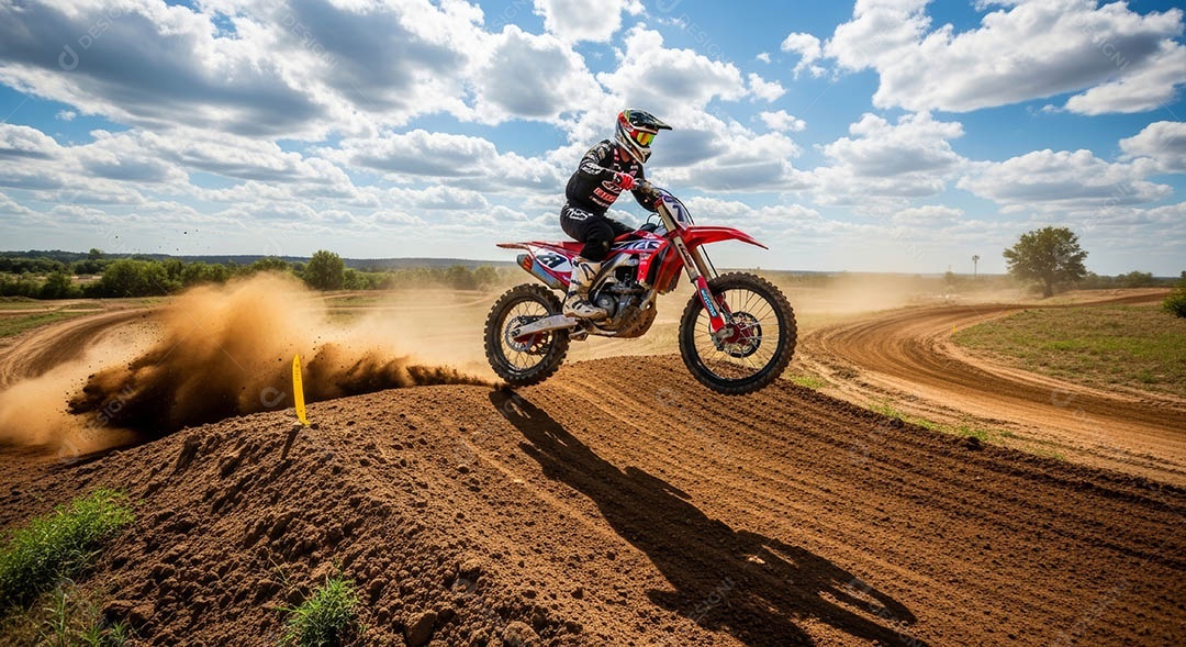 Motociclista praticando motocross sob uma pista com obstáculos.
