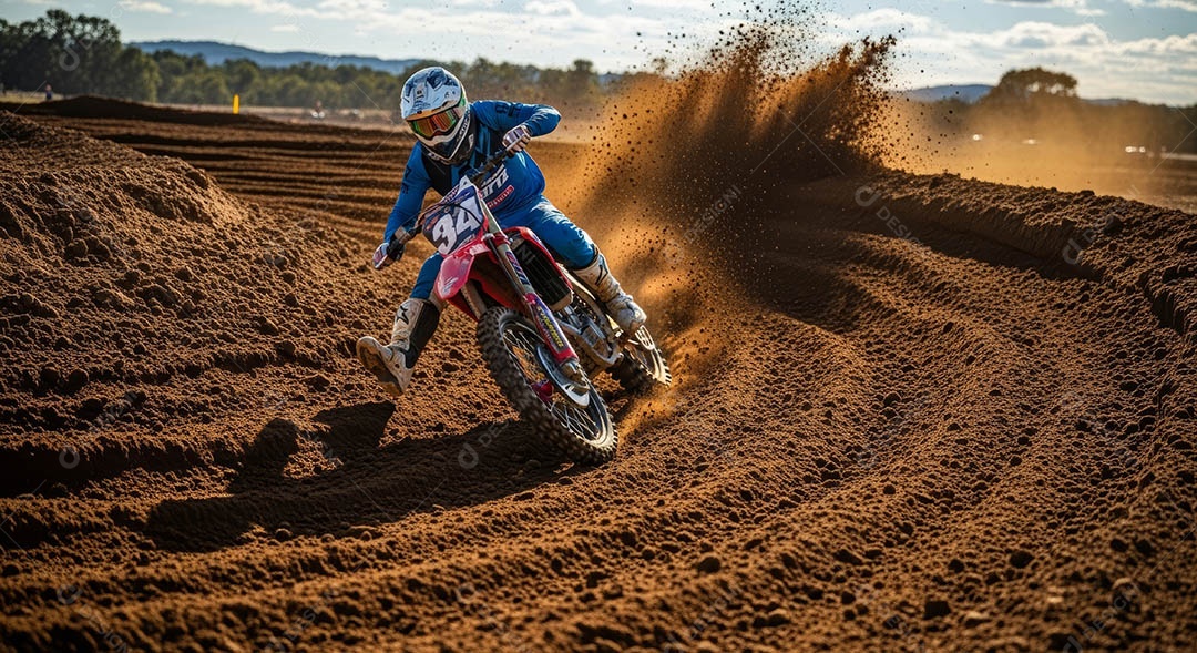 Motociclista praticando motocross sob uma pista com obstáculos.