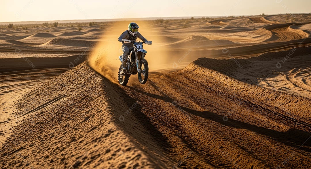 Motociclista praticando motocross sob uma pista com obstáculos.