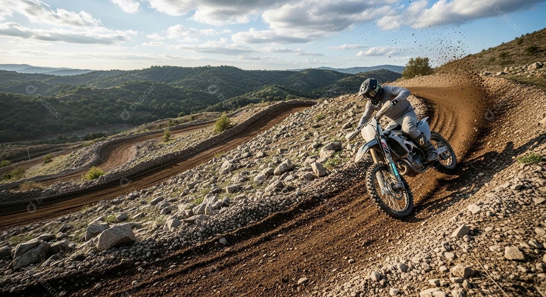 Motociclista praticando motocross sob uma pista com obstáculos.