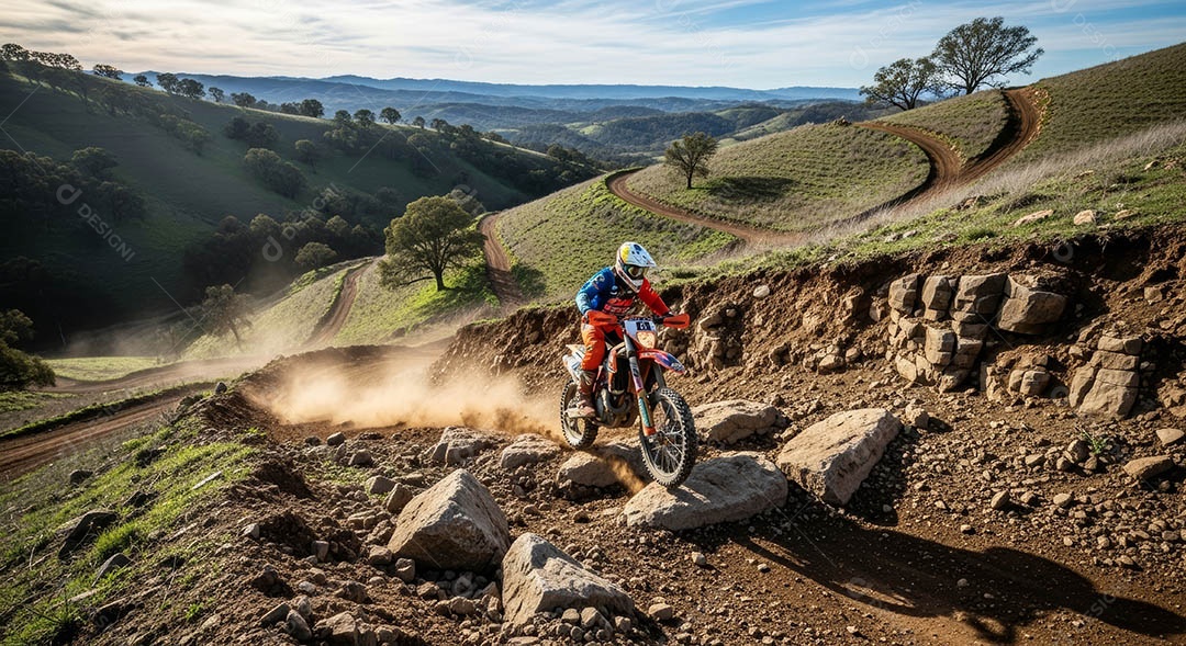 Motociclista praticando motocross sob uma pista com obstáculos.