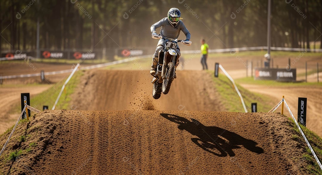 Motociclista praticando motocross sob uma pista com obstáculos.
