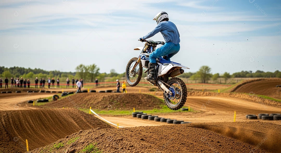 Motociclista praticando motocross sob uma pista com obstáculos.