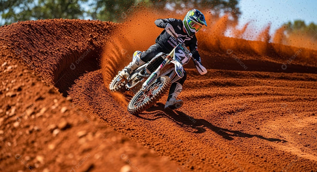 Motociclista praticando motocross sob uma pista com obstáculos.