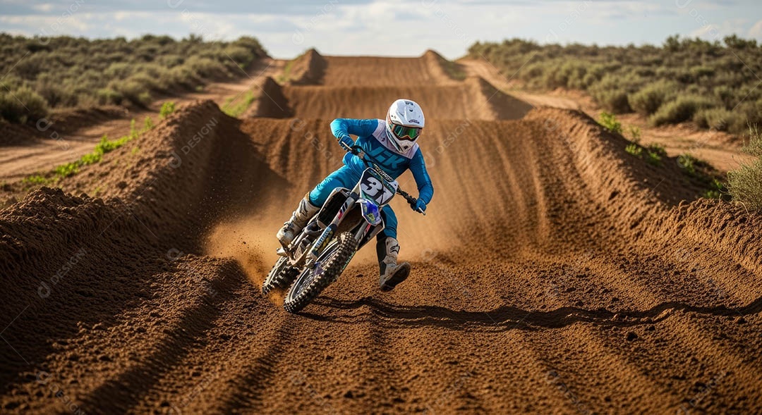 Motociclista praticando motocross sob uma pista com obstáculos.