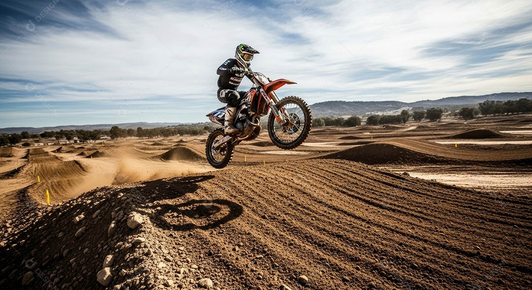 Motociclista praticando motocross sob uma pista com obstáculos.