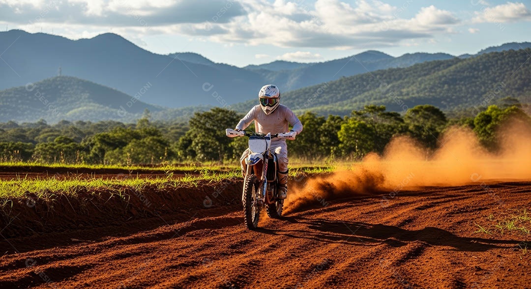 Motociclista praticando motocross sob uma pista com obstáculos.