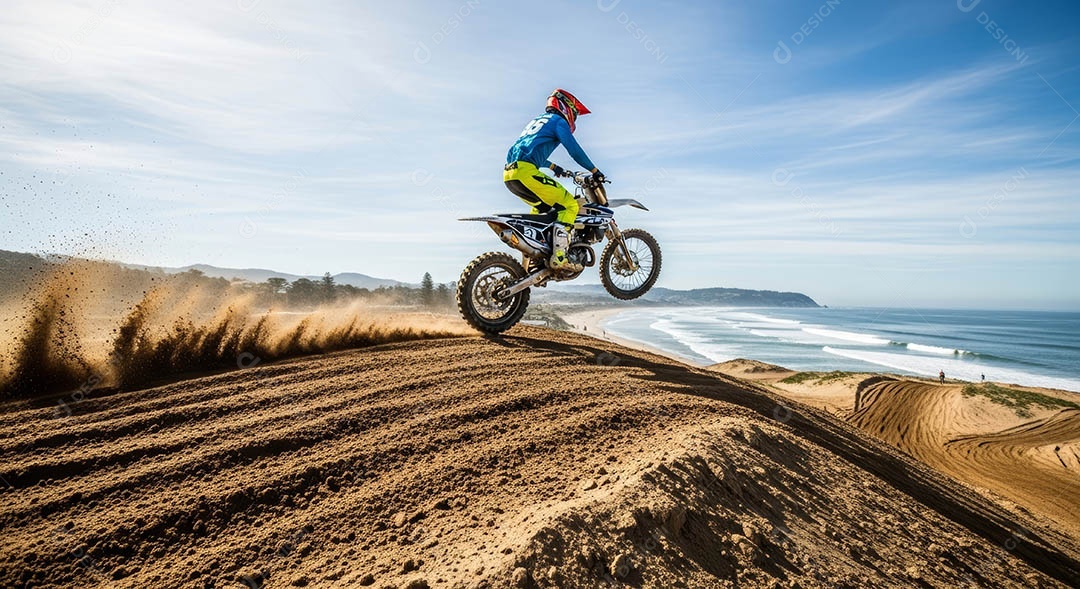 Motociclista praticando motocross sob uma pista com obstáculos.