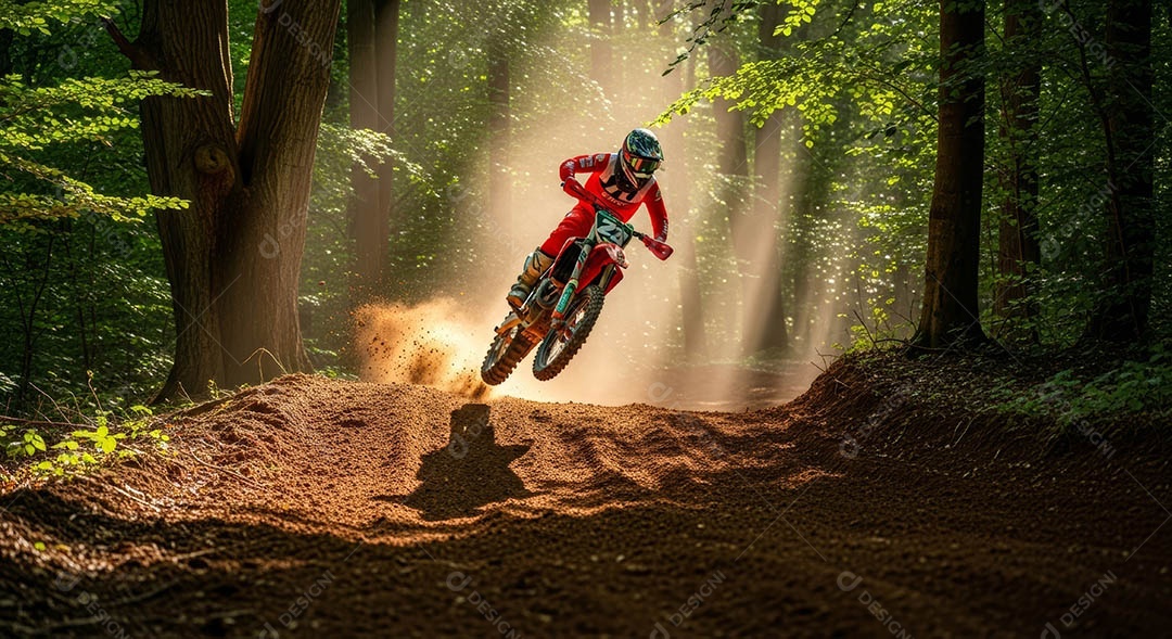 Motociclista praticando motocross sob uma pista com obstáculos.