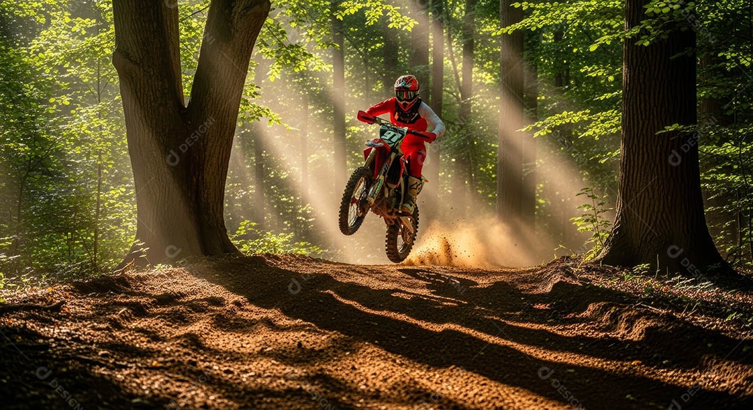 Motociclista praticando motocross sob uma pista com obstáculos.