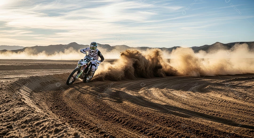 Motociclista praticando motocross sob uma pista com obstáculos.