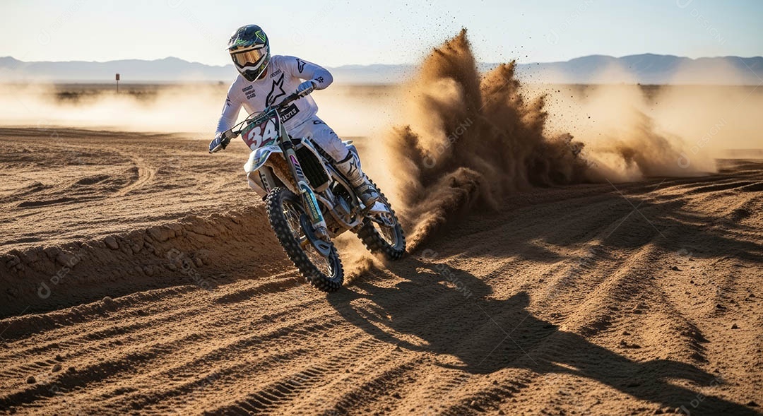 Motociclista praticando motocross sob uma pista com obstáculos.