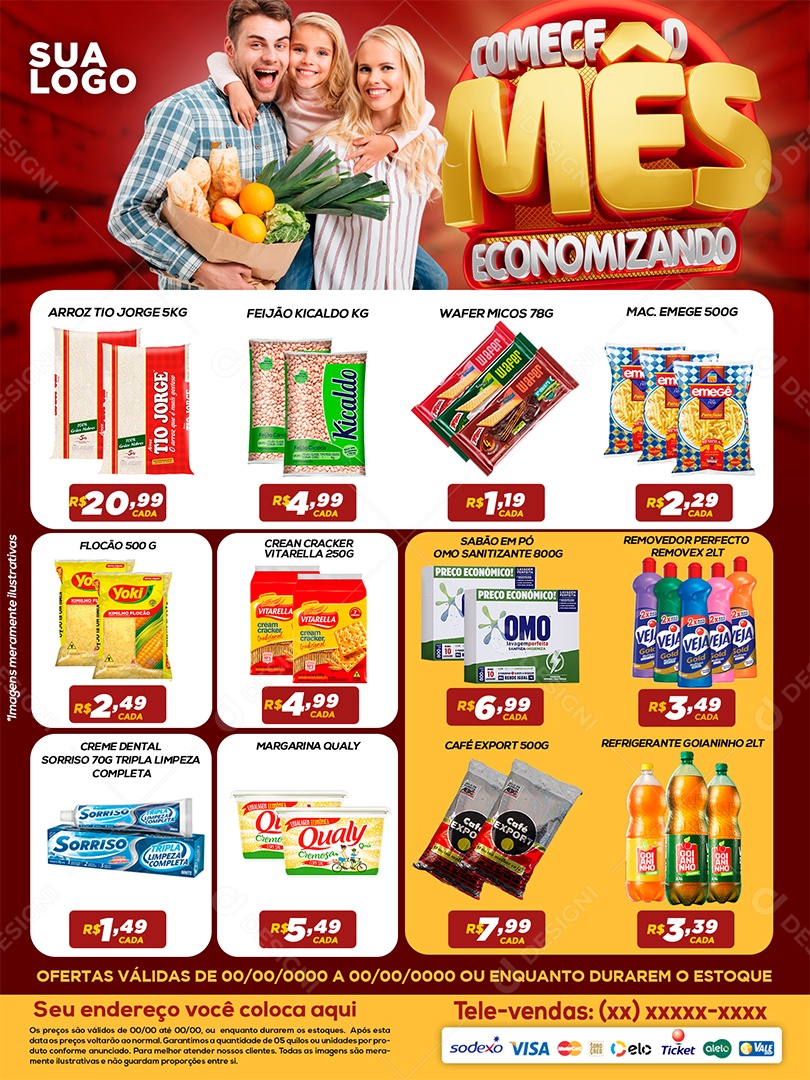 Encarte Promocional com Produtos e Layout Comece o Mês Economizando PSD Editável