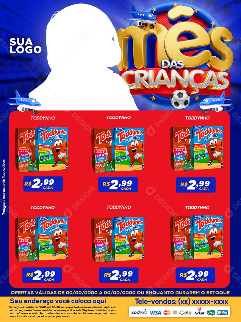 Encarte Infantil com Tema Mês das Crianças Fundo Vermelho PSD Editável