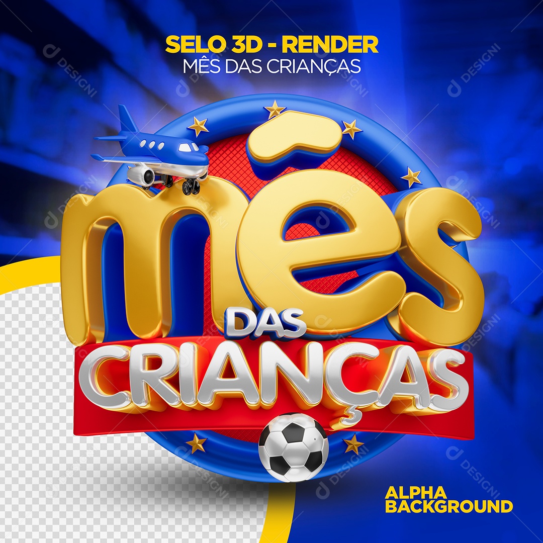 Selo 3D Infantil com Texto Mês das Crianças Fundo Azul PSD Editável