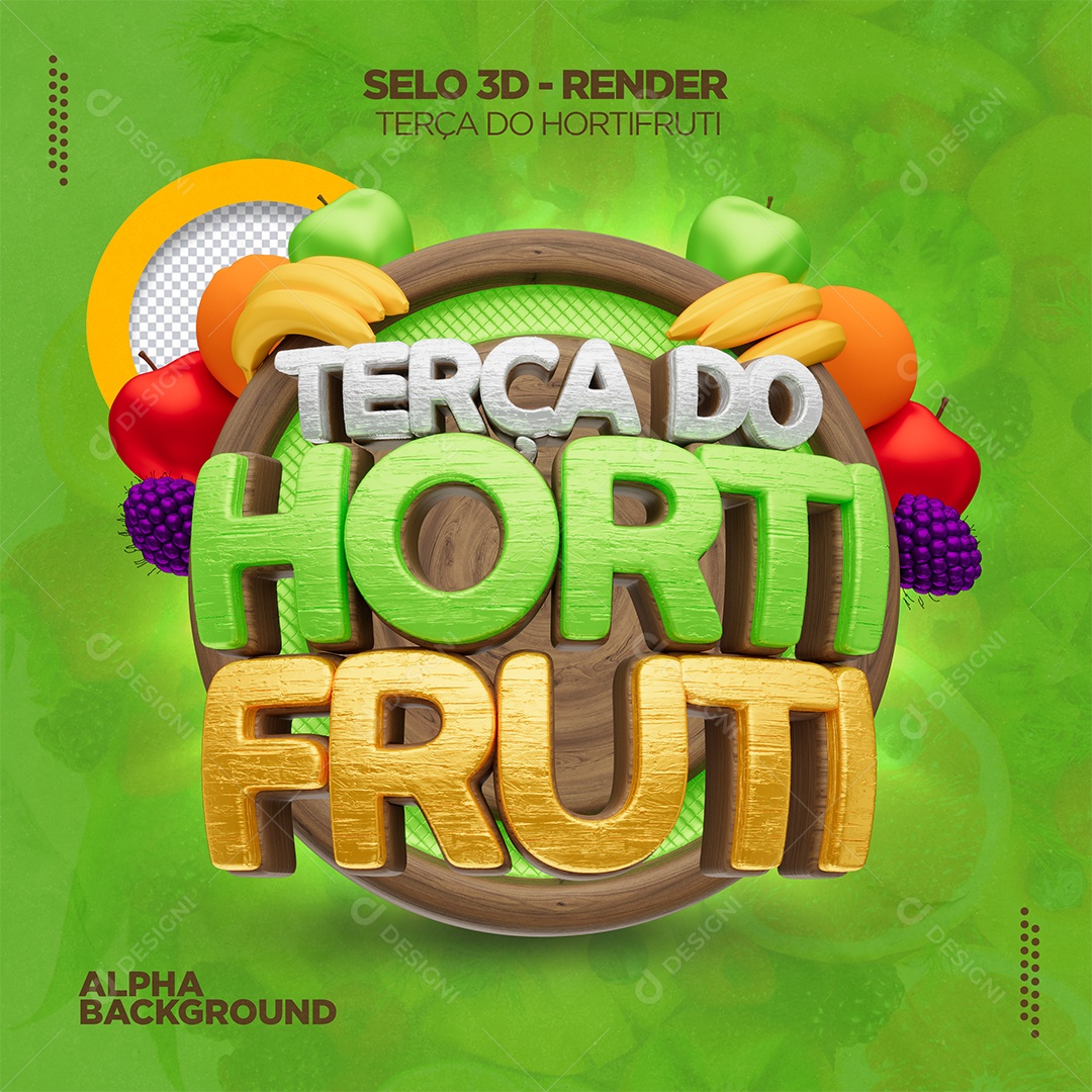 Selo 3D Promocional Terça do Horti Fruti Fundo Verde PSD