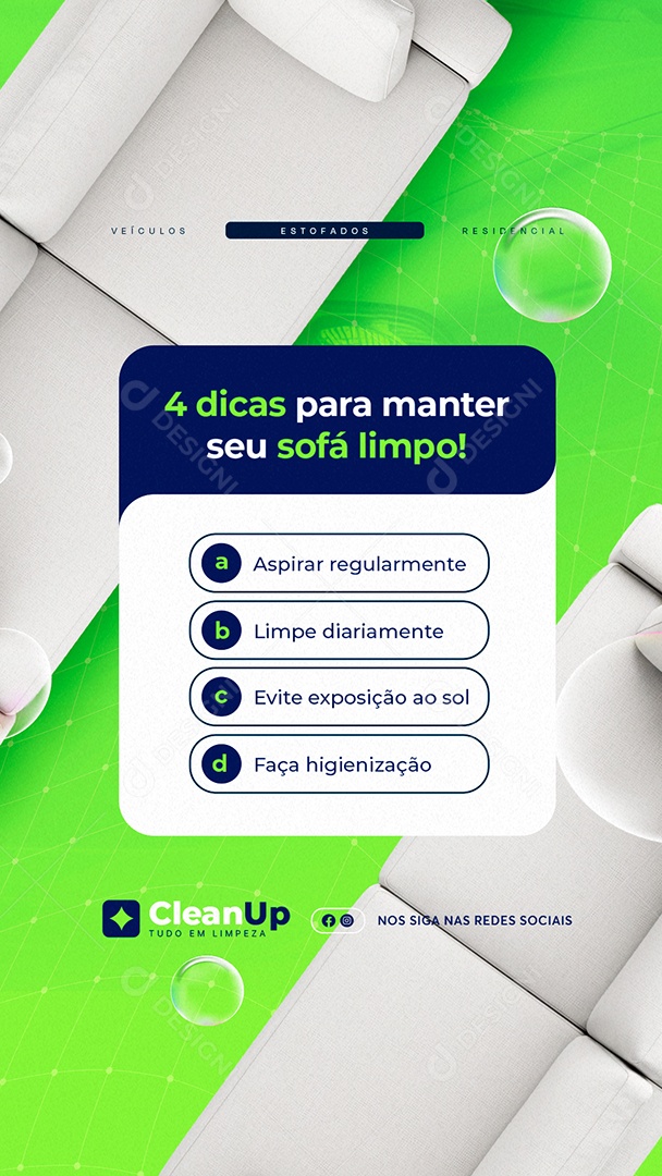 Story Lavagem a Seco Quatro Dicas para Manter seu Sofá Limpo Social Media PSD Editável