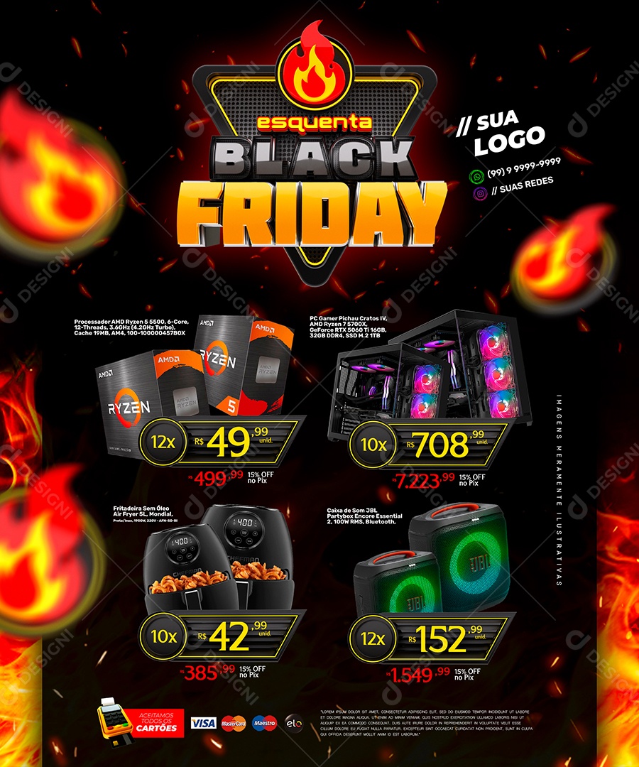 Encarte Promocional Black Friday com Produtos em Destaque e Fundo Escuro PSD Editável