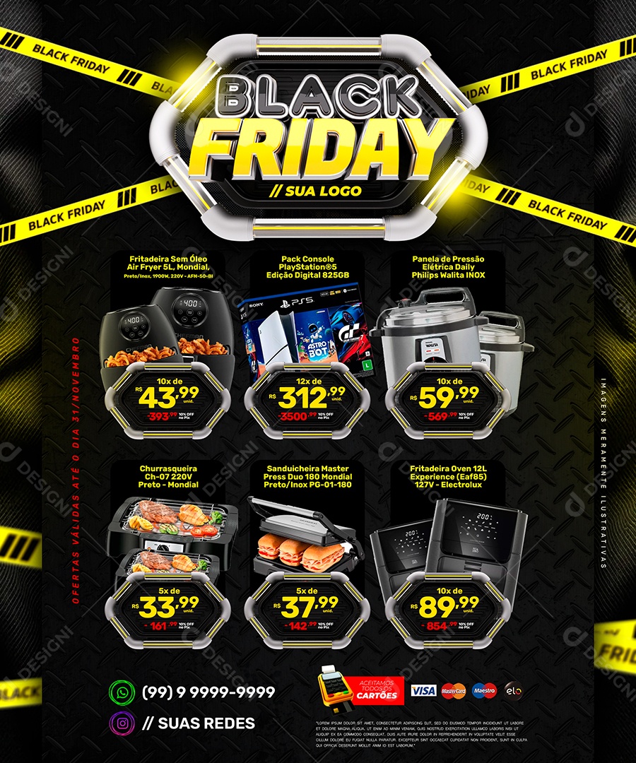 Encarte Black Friday com Faixas de Alerta e Produtos em Promoção PSD Editável