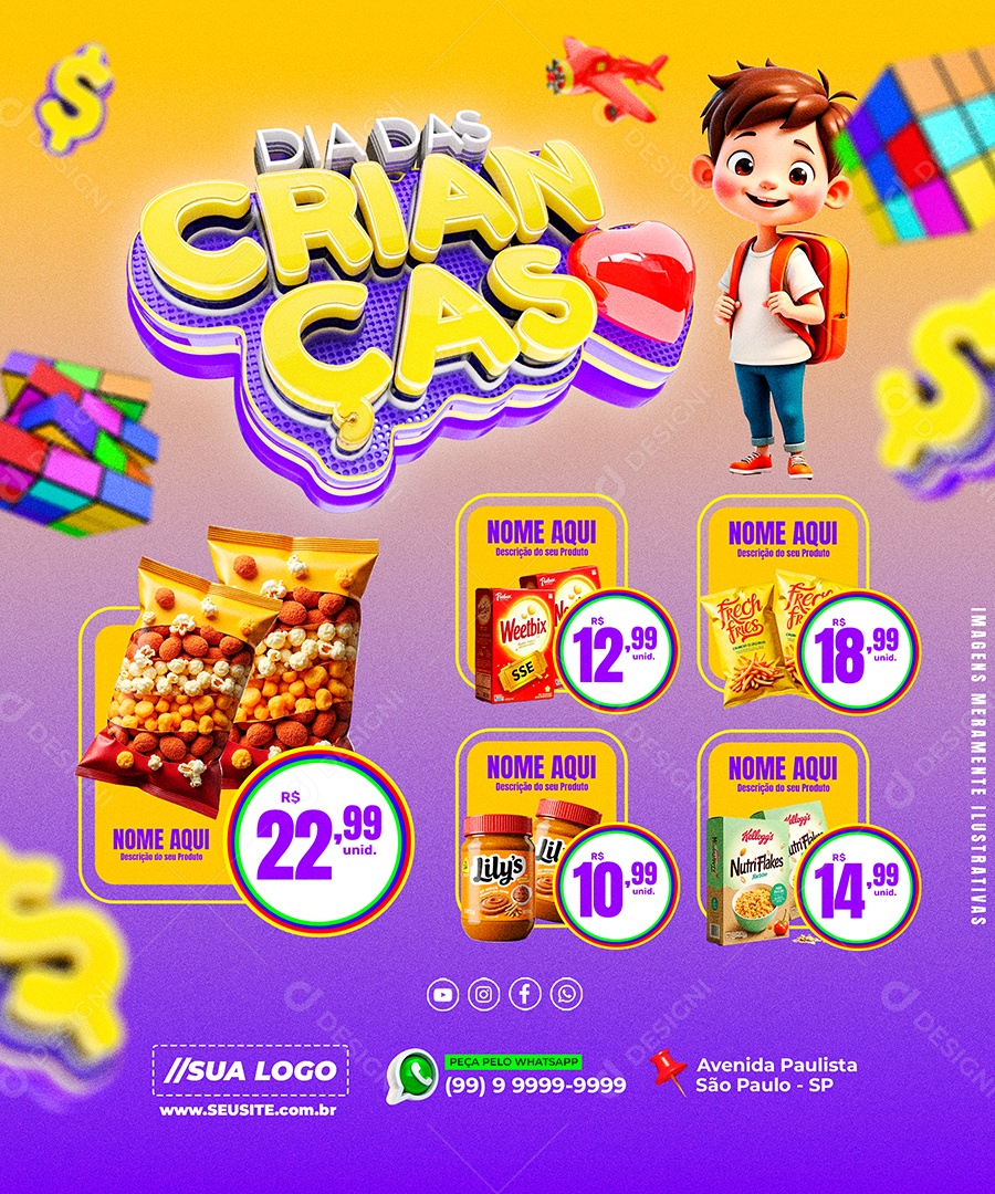 Encarte Infantil Mês das Crianças com Ofertas Coloridas PSD Editável