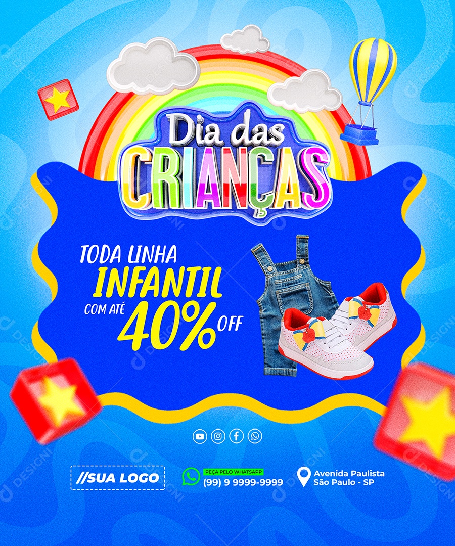 Encarte Azul Infantil com Ofertas e Tema Alegre PSD Editável
