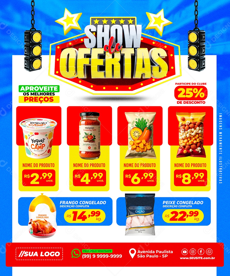 Encarte Promocional com Diversos Produtos em Oferta e Preços Destacados PSD Editável