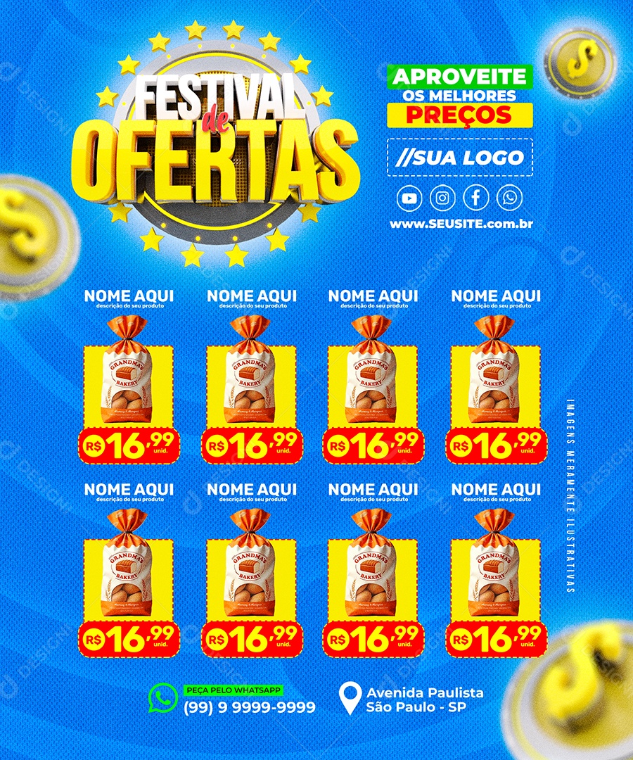 Encarte Publicitário com Diversos Produtos e Campanha de Descontos PSD Editável