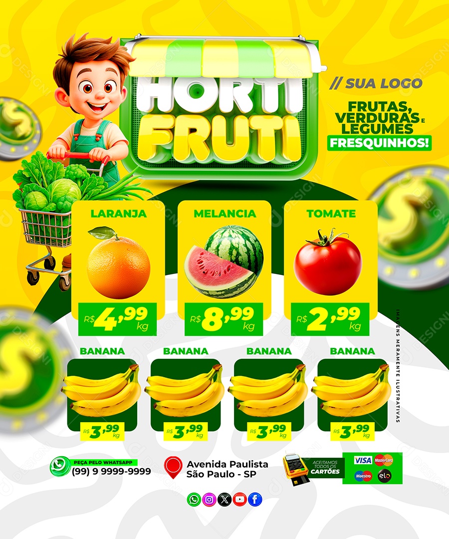 Encarte de Frutas e Verduras com Destaque de Preços Promocionais PSD Editável